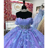 Exquisite Off-Shoulder Ball Gown 3D Floral Lace Beaded Purple Tulle Quinceanera Dress for Sweet 16 & Princess Galas